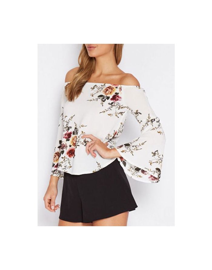 Bell Sleeve Flowers Printed Off The Shoulder Loose Plus Size T-shirt